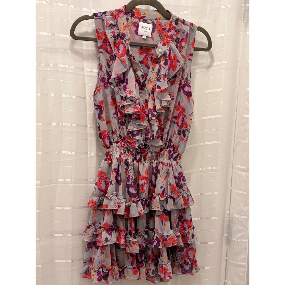 MISA Los Angeles Floral Ruffle Mini Dress Smocked Waist Purple Orange Small